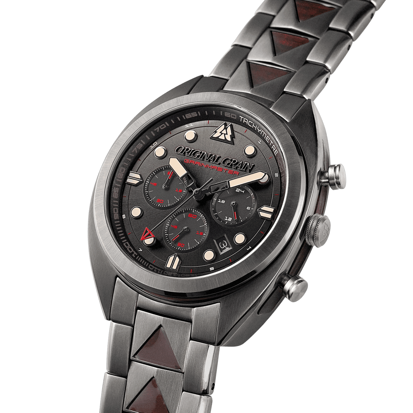3/4 view of the Blackwood Grey Grainmaster Chrono 45mm by Original Grain
