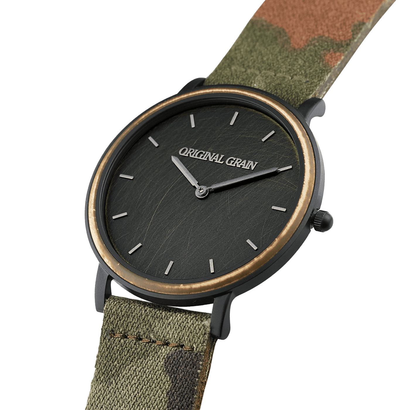 Side View of Caliber Military Minimalist Set 40mm by Original Grain Camo Strap