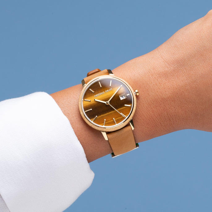 Bambus Gold Tigerauge Damen Modern Minimal 36mm