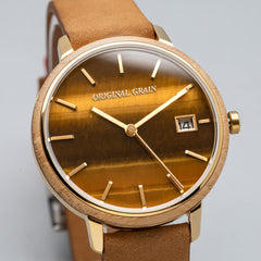 Bambus Gold Tigerauge Damen Modern Minimal 36mm