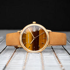 Bambus Gold Tigerauge Damen Modern Minimal 36mm