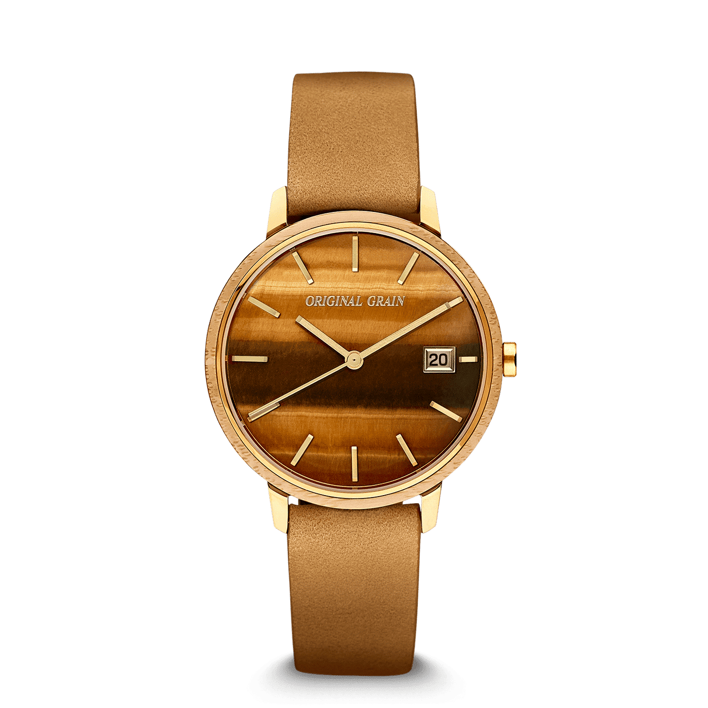 Bambus Gold Tigerauge Damen Modern Minimal 36mm