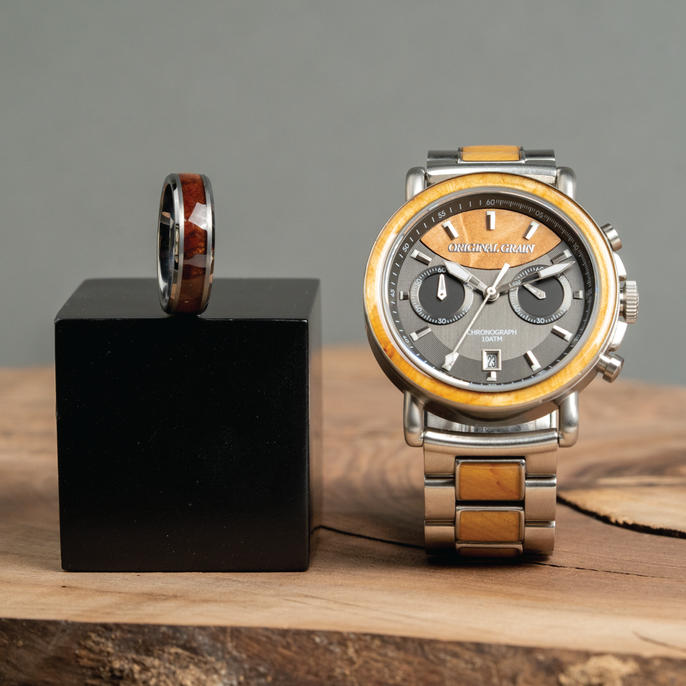 Burlwood Silver Chrono 44-mm-Uhr + Ring-Paket