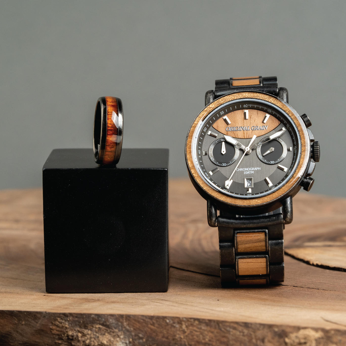 Koa Stonewashed Chrono 44mm Watch + Ring Bundle