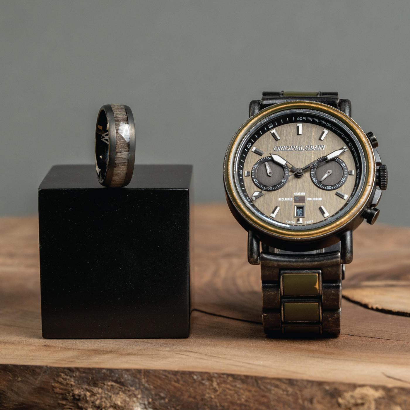 Militär-Stonewashed-Stahl-Chrono-44-mm-Uhr + Ring-Paket