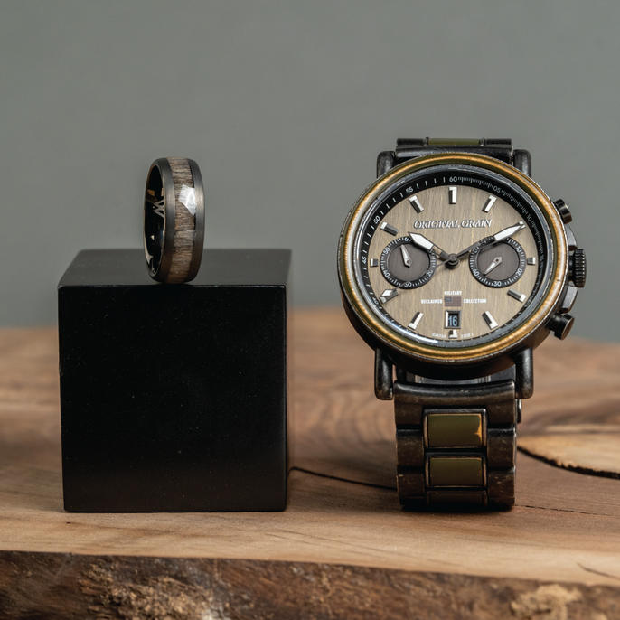 Militär-Stonewashed-Stahl-Chrono-44-mm-Uhr + Ring-Paket