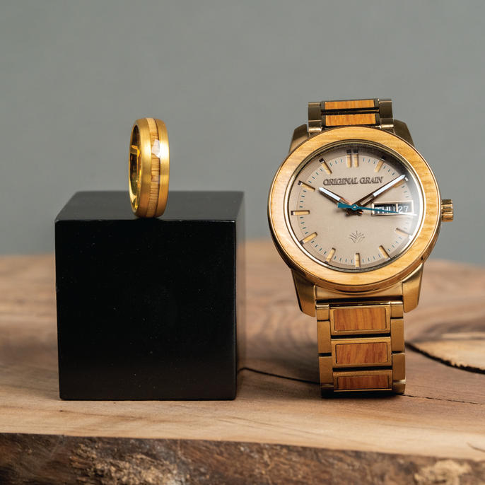 Tequila Añejo Gold Barrel 42 mm Uhr + Ring-Paket