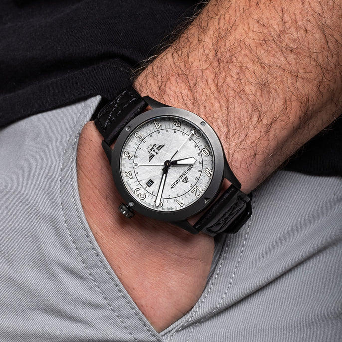 T-33 Jet Fighter Gunmetal Pilot-Zulu 44mm on man's wrist by Original Grain