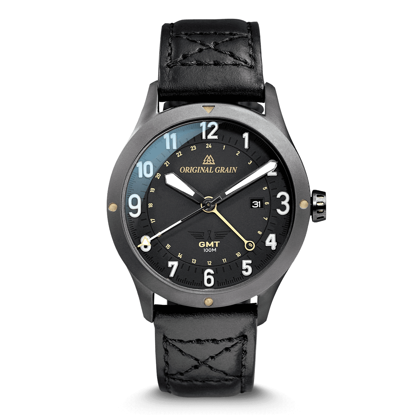 Maple Gunmetal Pilot Zulu 43mm von Original Grain Vorderansicht der Uhr