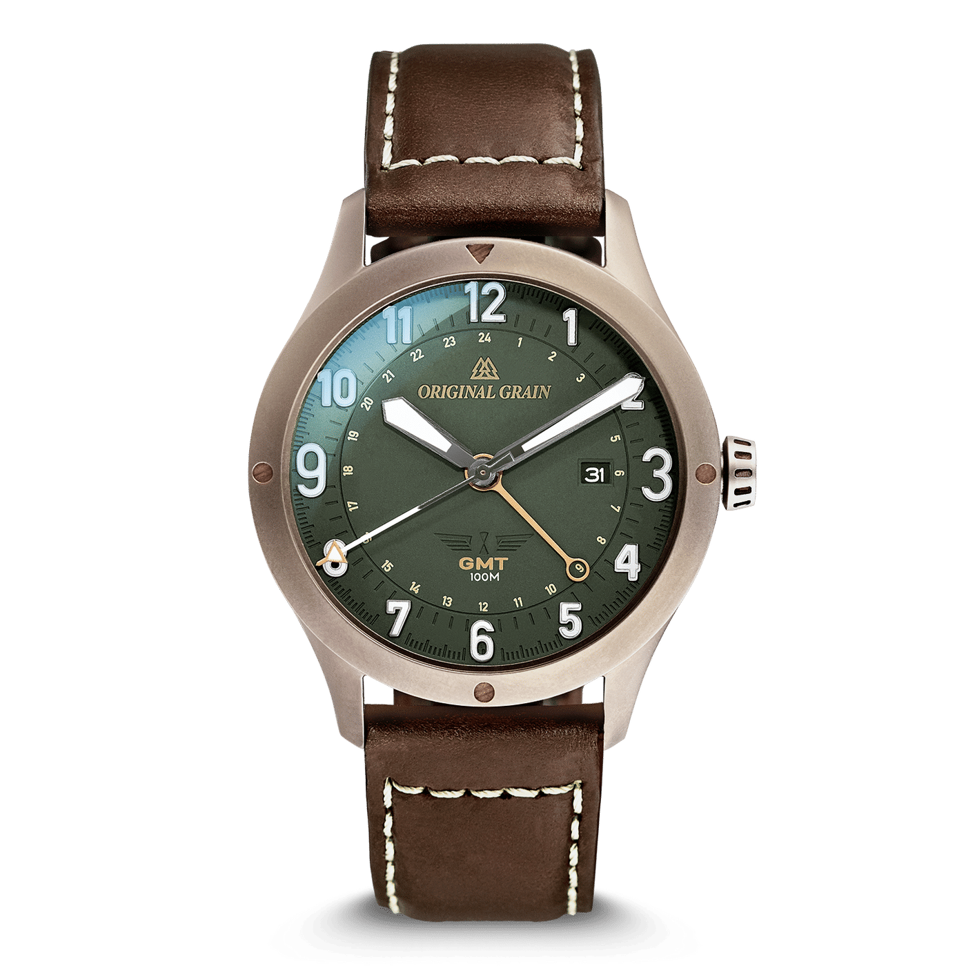 Walnut Khaki Pilot Zulu 43mm von Original Grain Vorderansicht der Uhr
