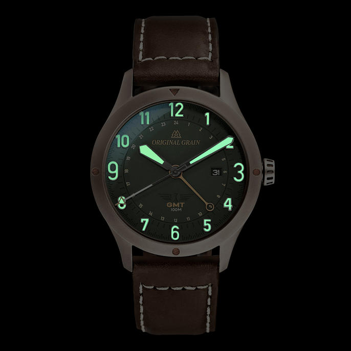 Walnut Khaki Pilot Zulu 43 mm von Original Grain mit Lumi-Zifferblatt und Stundenzeiger