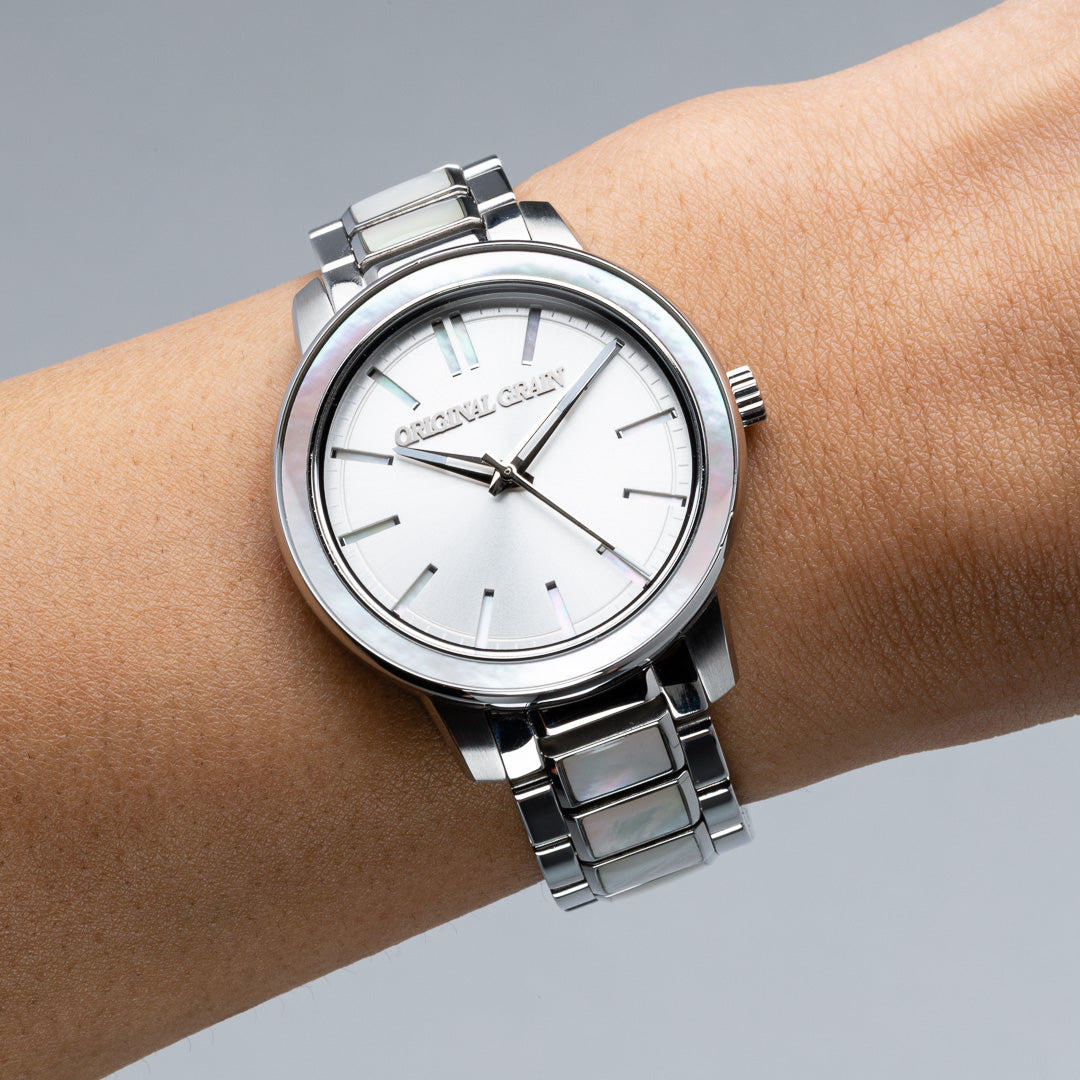 Perlmutt-Silber Damen Barrel 36mm