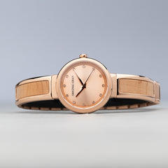 Laying down Rose Gold & Birch Wood Women's Bangle 32mm
