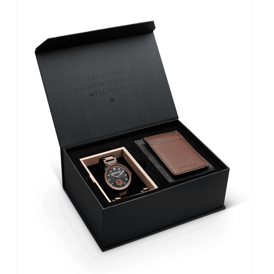 Sapele Black Barrel 46mm Black Gift Box + Brown Leather Wallet