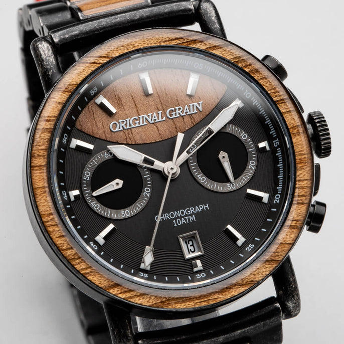Koa Stonewashed Steel Chrono 44mm by Original Grain watch face