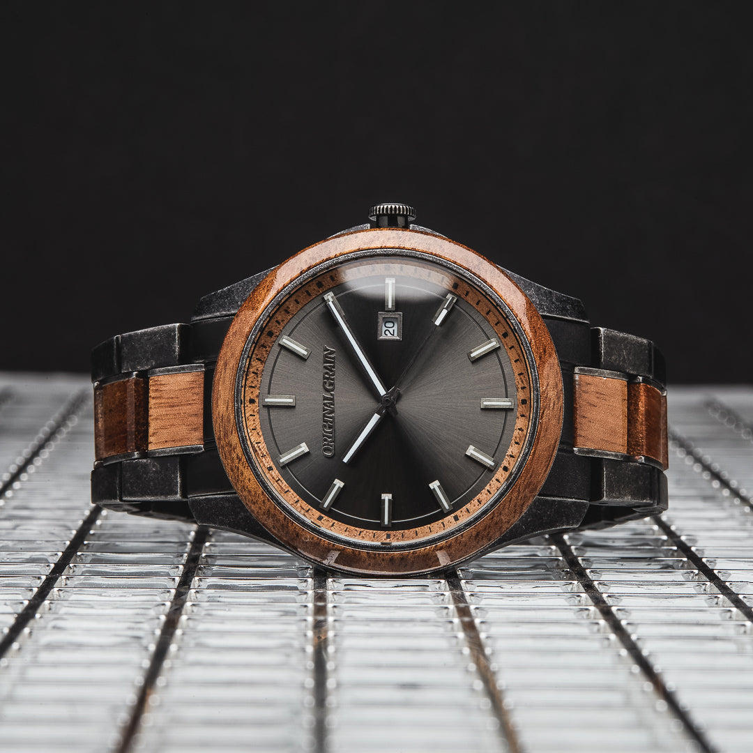 Koa Stonewashed Steel Classic 43mm watch by Original Grain