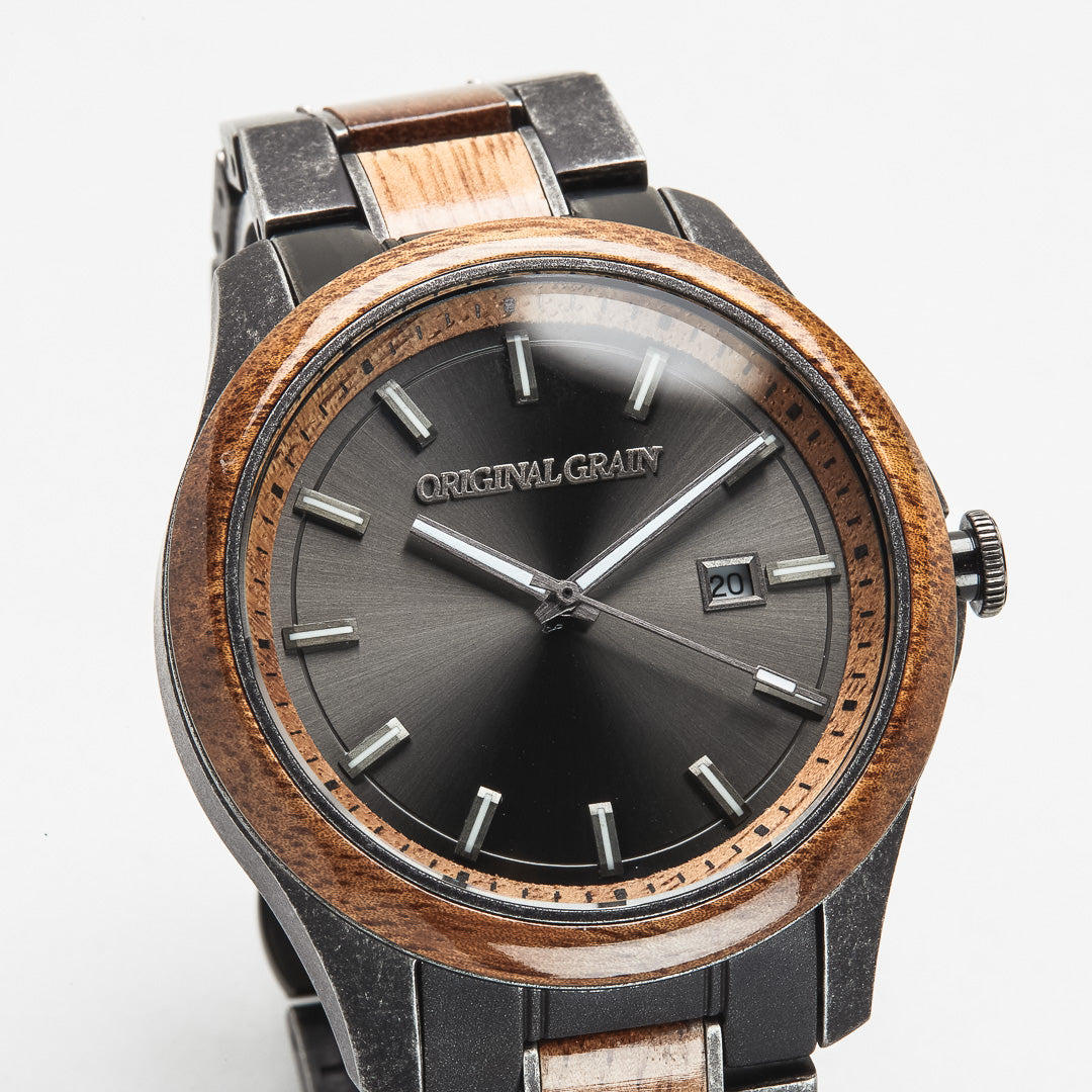 Koa Stonewashed Steel Classic 43mm watch face by Original Grain