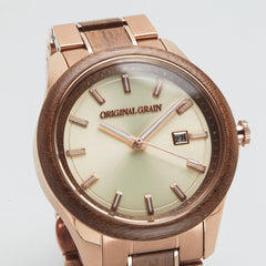 Walnut Rose Gold Classic 43mm watch face by Original Grain