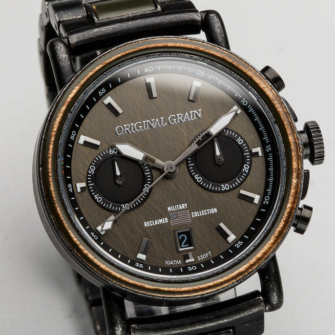 Militär-Stonewashed-Stahl-Chrono-44-mm-Uhr + Ring-Paket