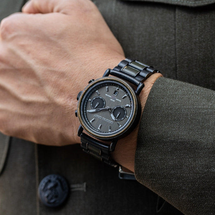 Militär-Stonewashed-Stahl-Chrono-44-mm-Uhr + Ring-Paket