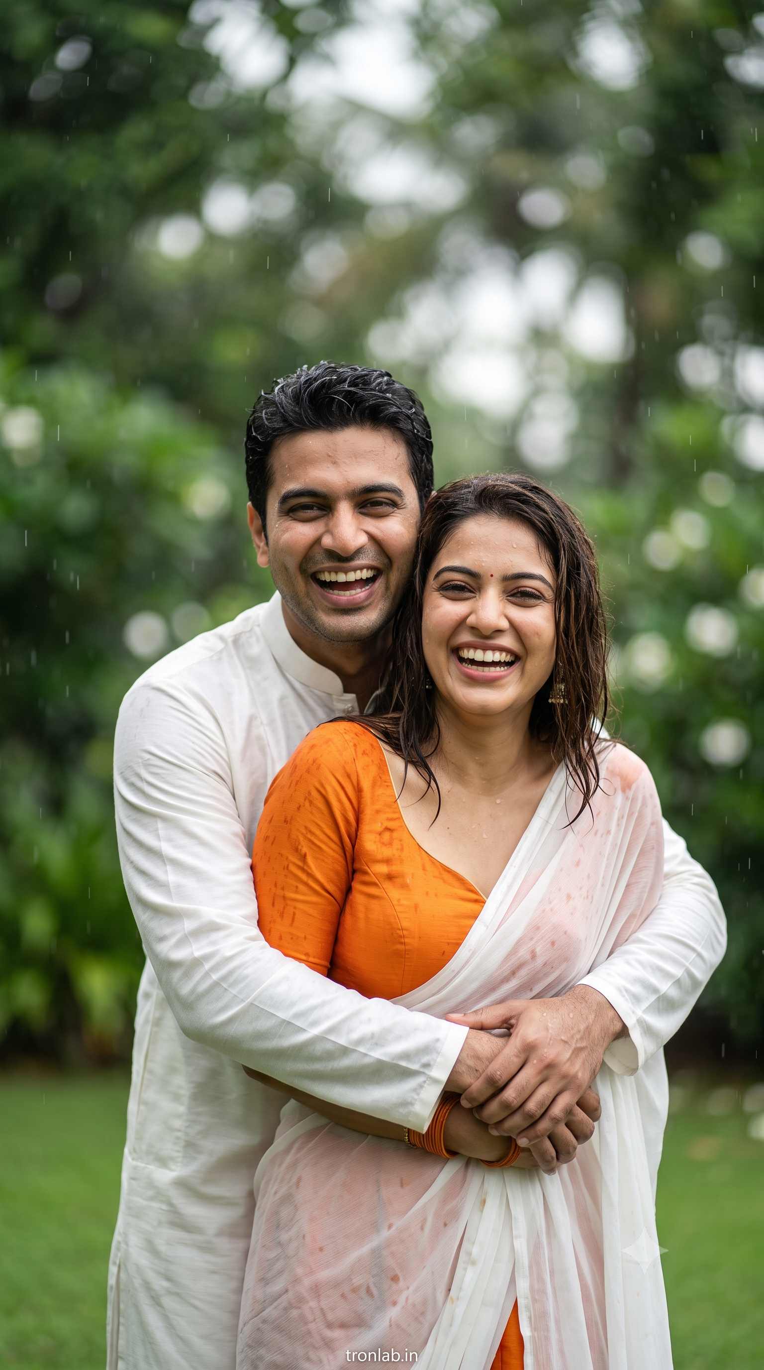 cinematic close-up portrait of a couple sharing a joyful moment in a gentle rain shower