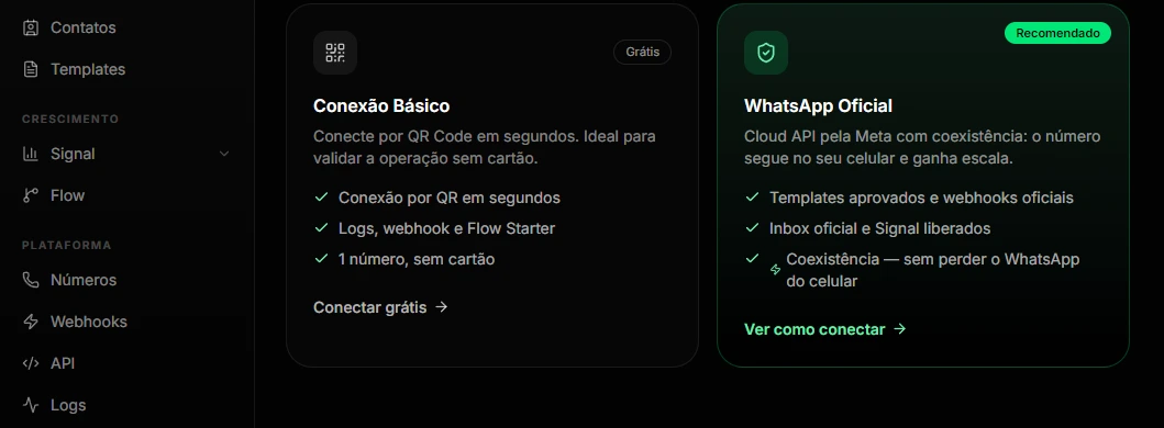 Tela de conexão de número com API oficial e API gratuita