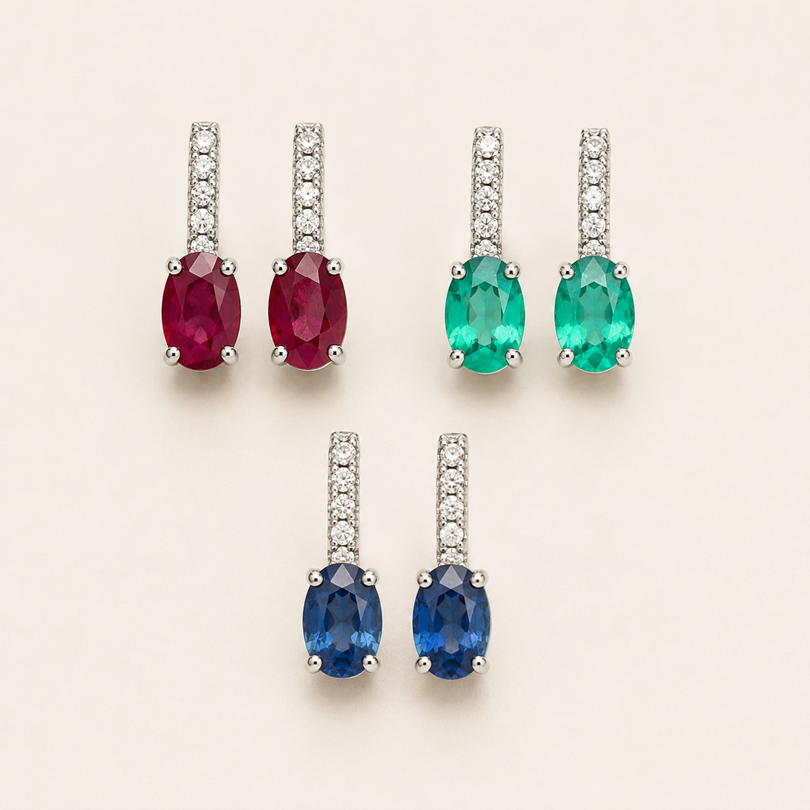 18k Natural Ruby, Emerald & Sapphire Drop Earrings with Natural Diamonds
