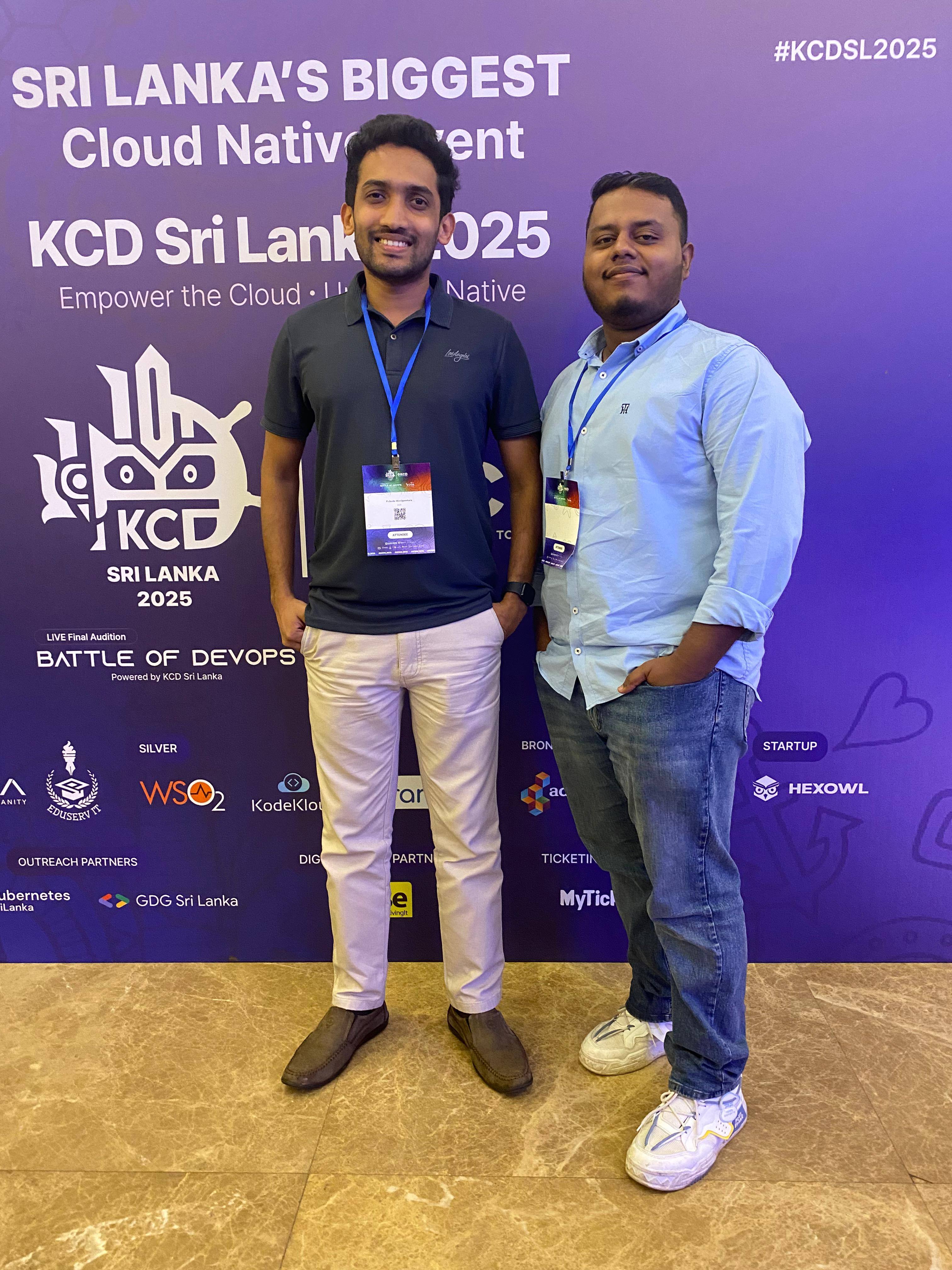 Aweesha Wijesundara with Pubudu Wanigasekara in front of the KCD Sri Lanka 2025 backdrop