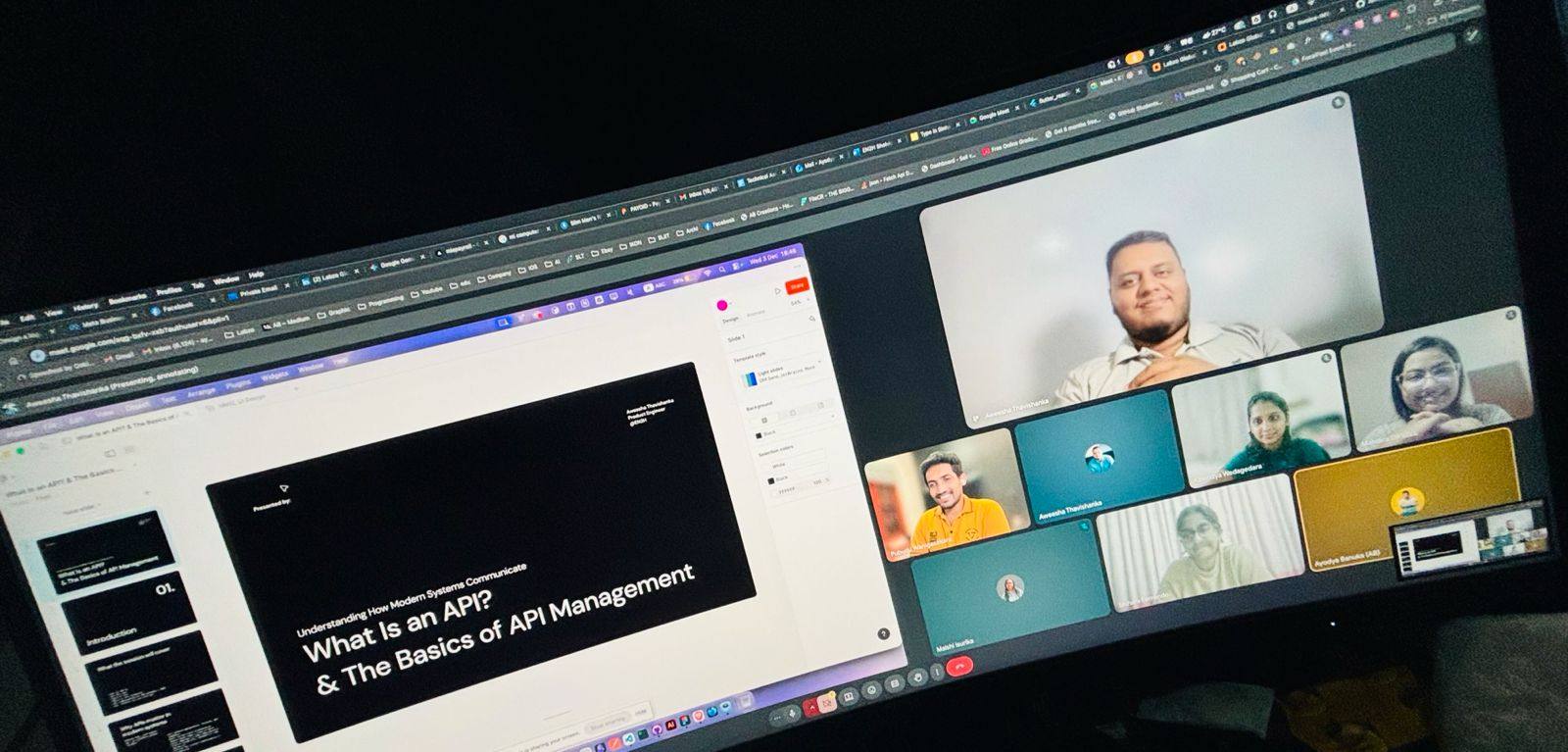 Screen showing a slide titled 'What is an API? & The Basics of API Management' beside a video call with team members