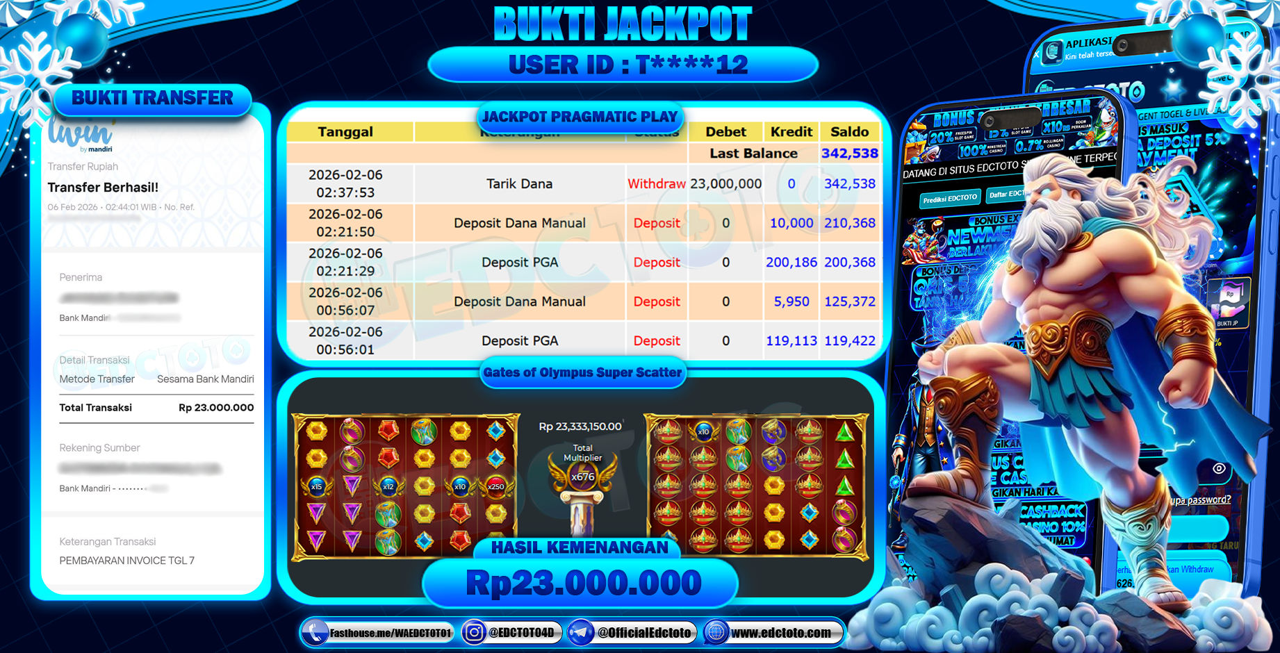 EDCTOTO JACKPOT Rp.23.000.000,- DIBAYAR LUNAS. PERMAINAN SLOT GATES OF OLYMPUS SUPER SCATTER(PRAGMATIC PLAY)