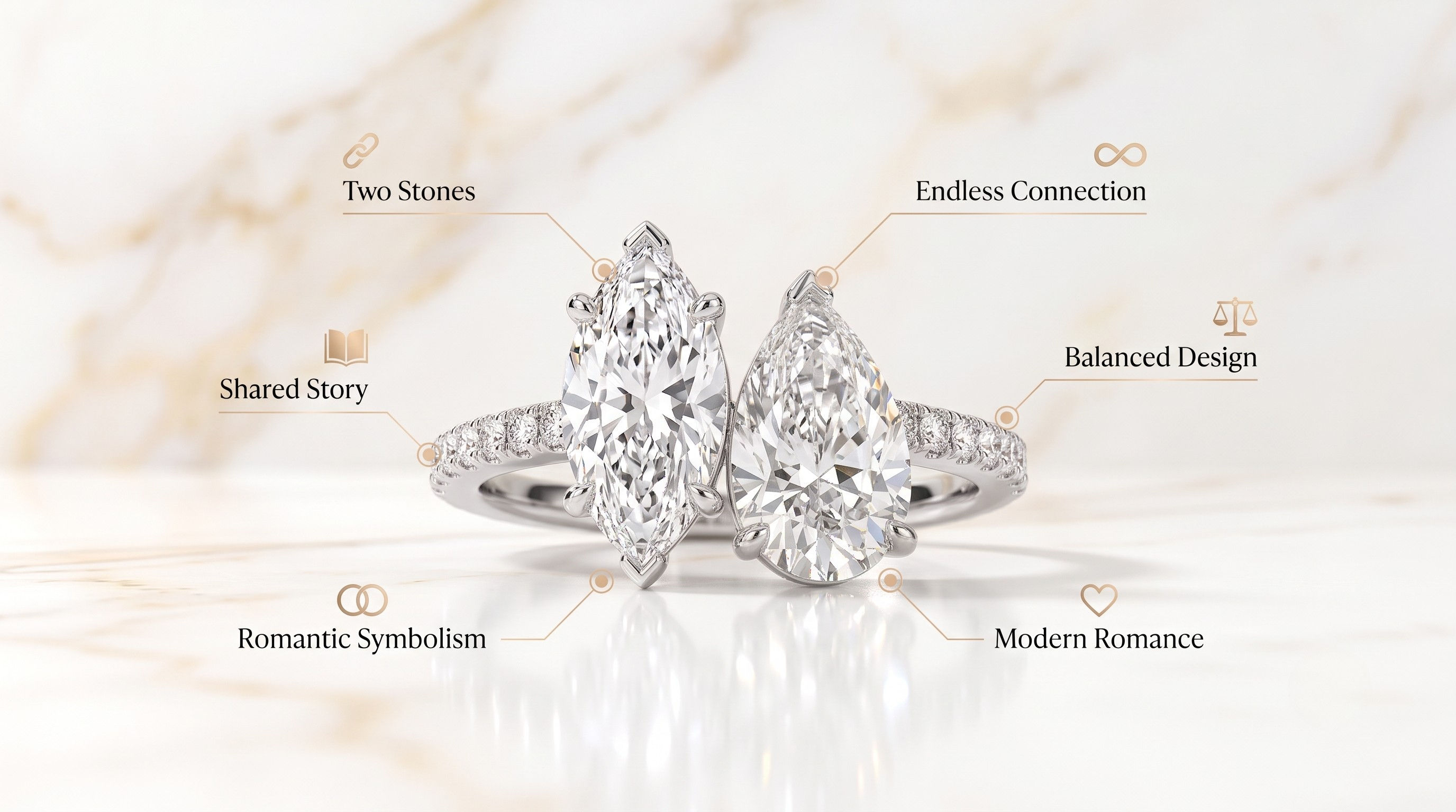 Toi et moi rings showing emerald cut diamond beside a pear stone and cushion cut diamond ring paired with a blue sapphire in gold settings