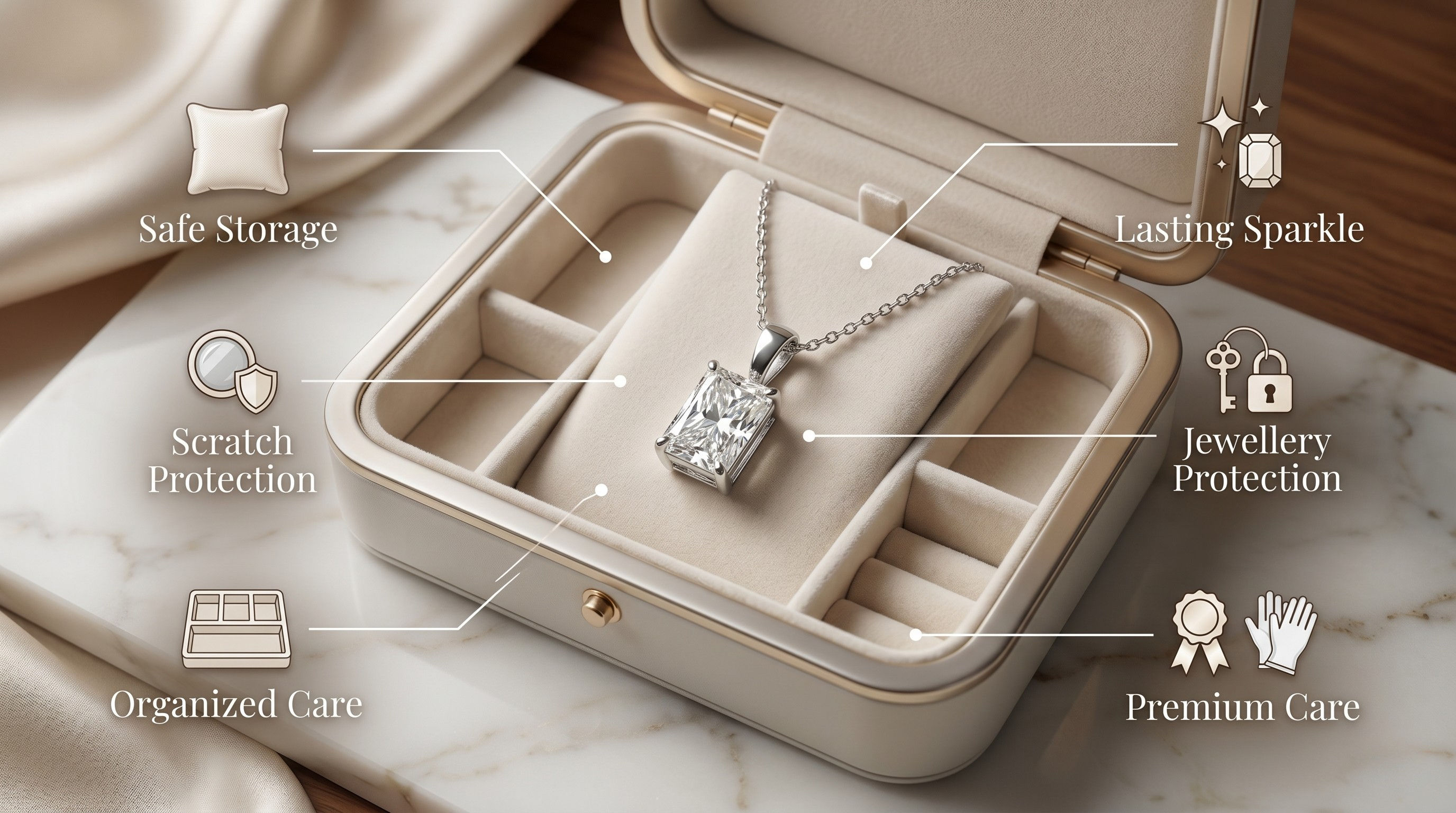 Jewellery box with individual compartments for diamond necklaces and pendants