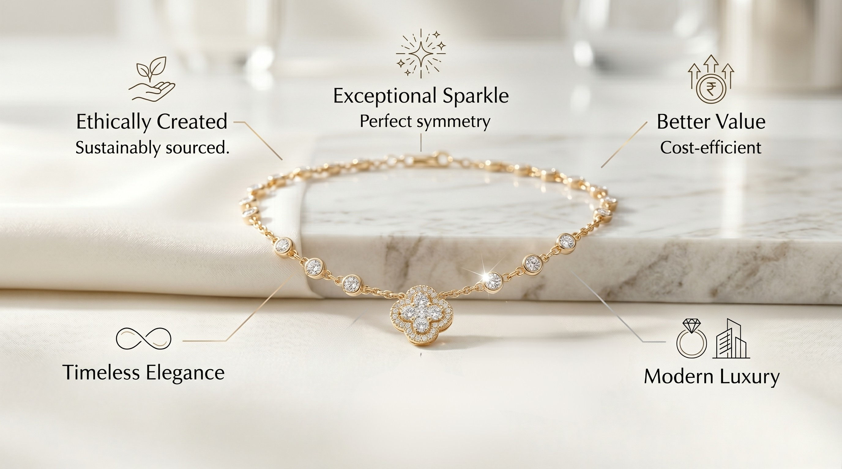 Lab grown diamond necklace catching light, fine chain detail