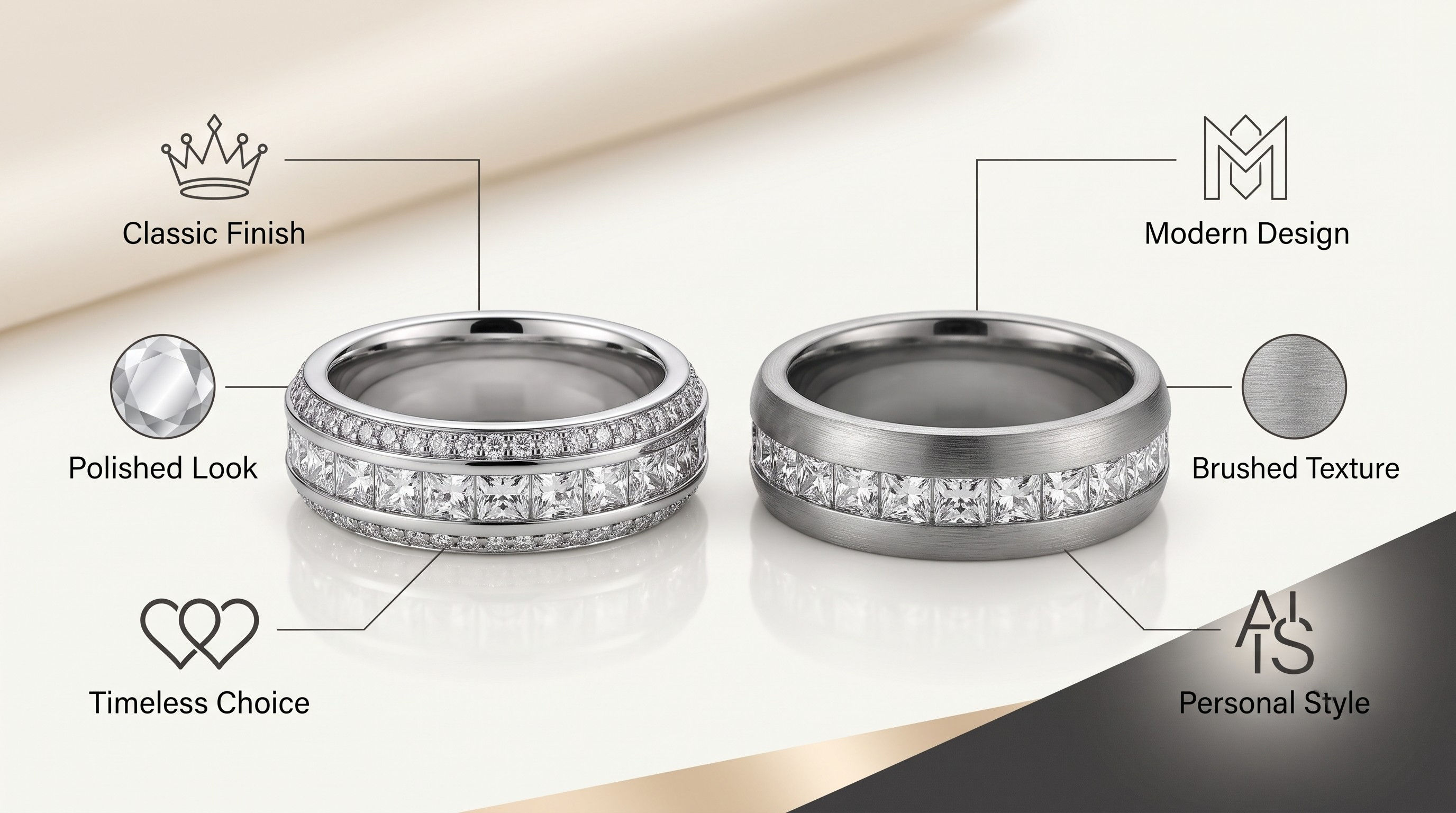 Mens black tungsten wedding band and polished silver tungsten wedding band shown side by side