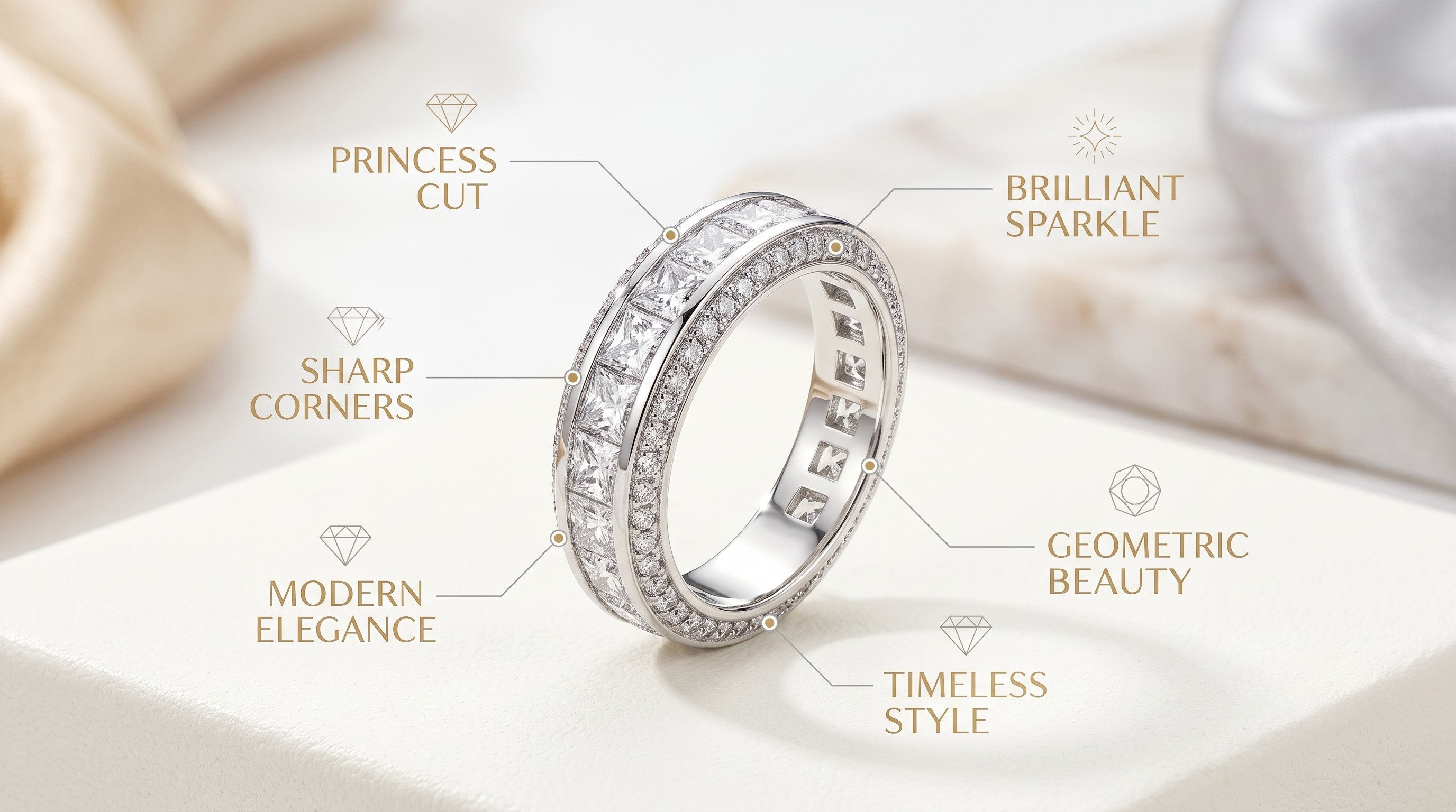 Princess cut diamond ring showing square outline pointed corners and cross of fire brilliance pattern