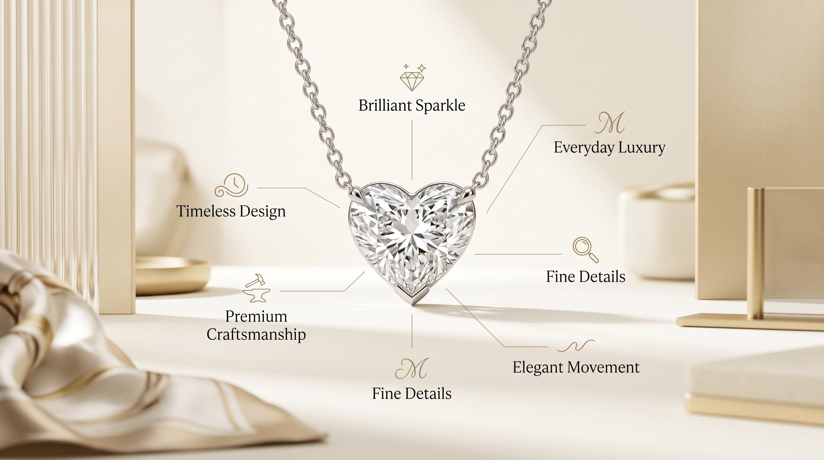 Woman wearing a hanging diamond necklace outdoors, natural light catching the stone