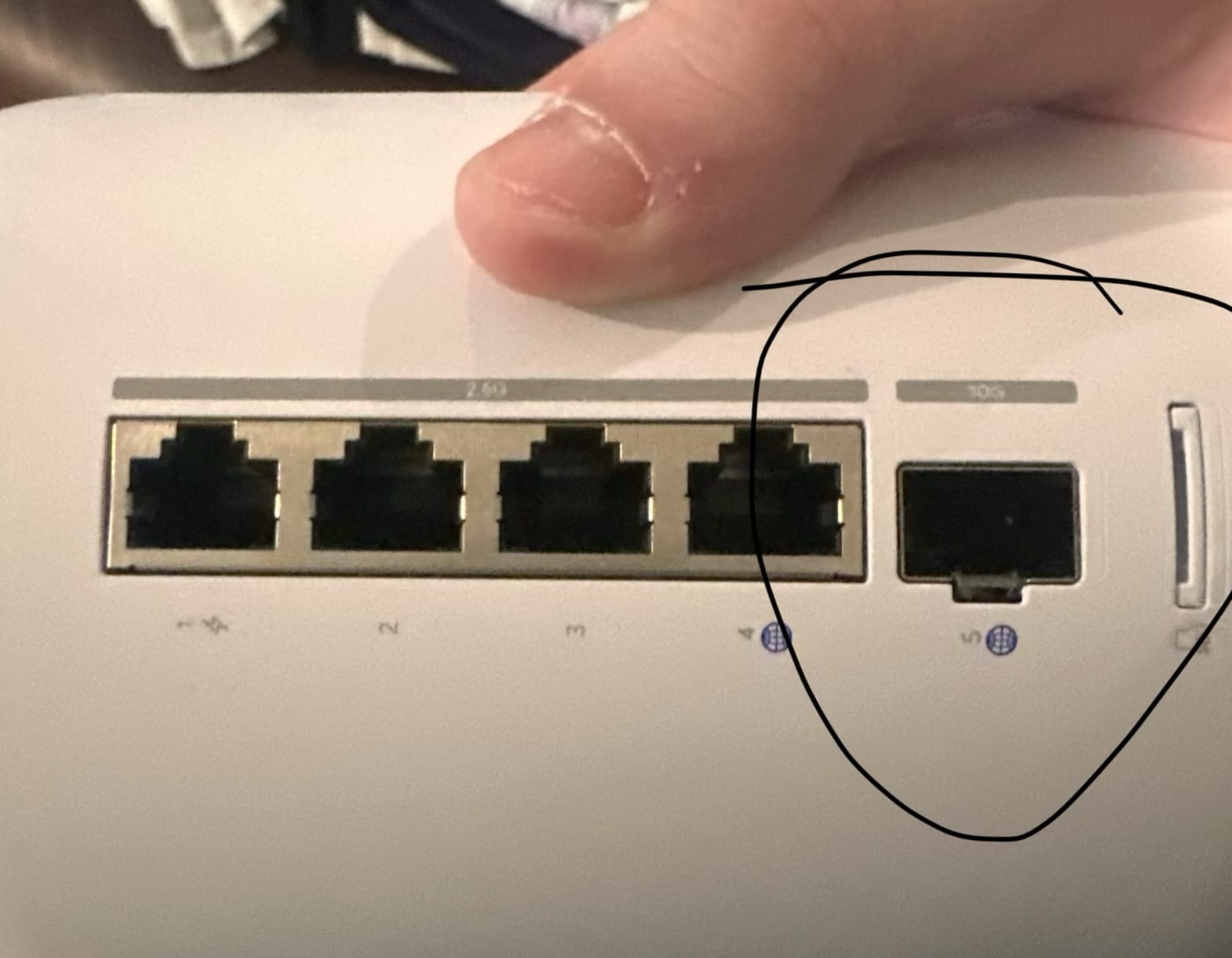 Photo of the SFP port on the Dream Router 7 (UDR7).
