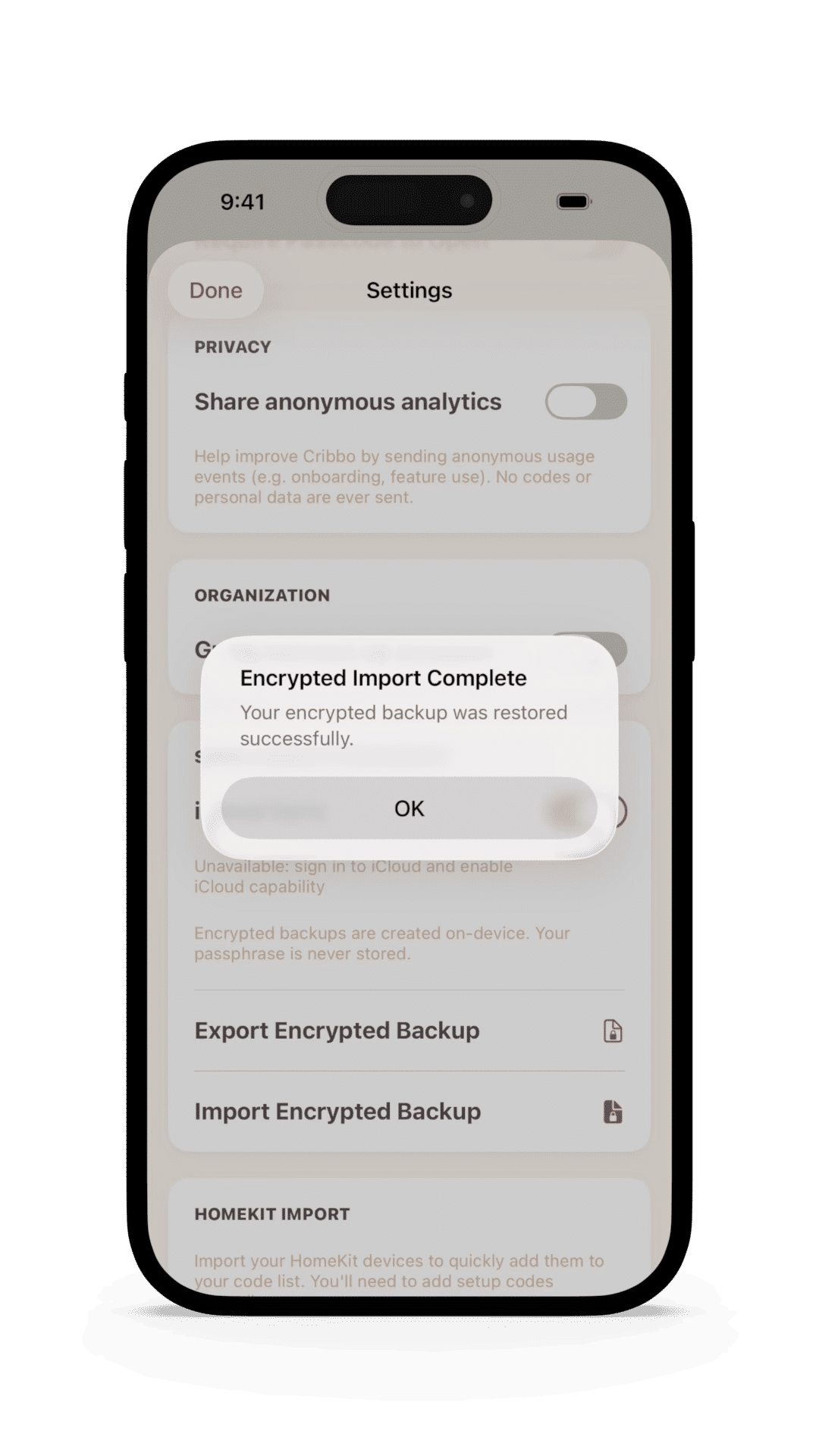 Import encrypted backup
