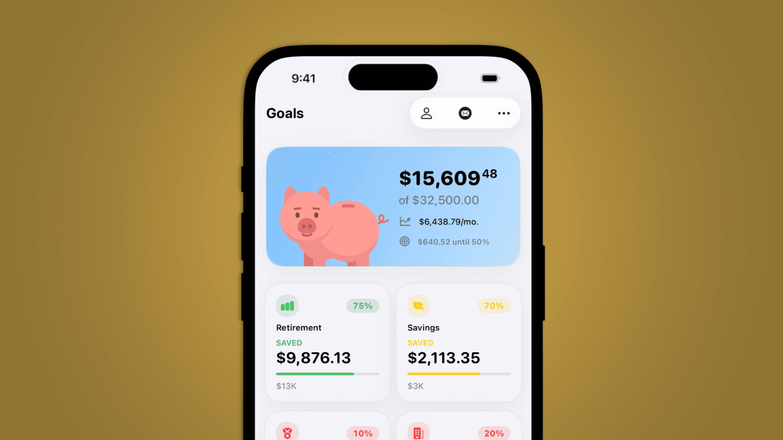 Savings goals and progress in Moneyminder.
