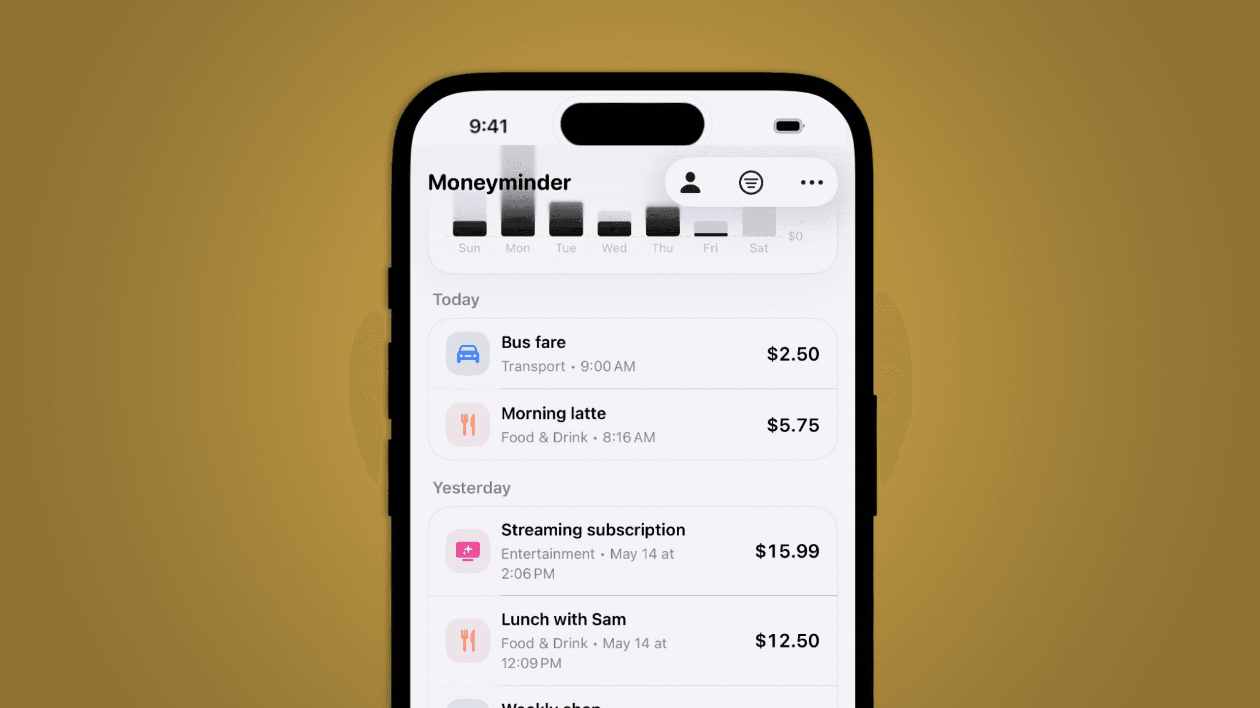 Moneyminder expense and income tracking screens.