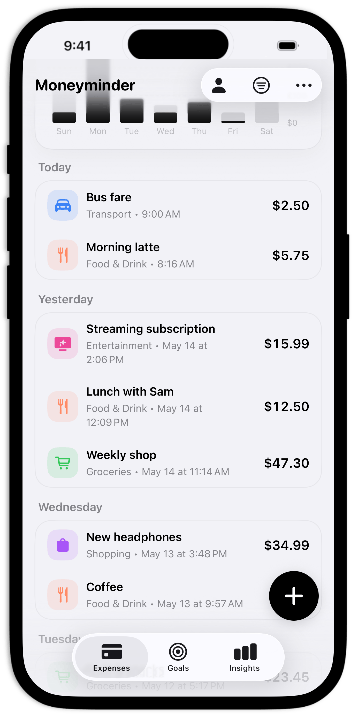 Moneyminder expense and income tracking screen