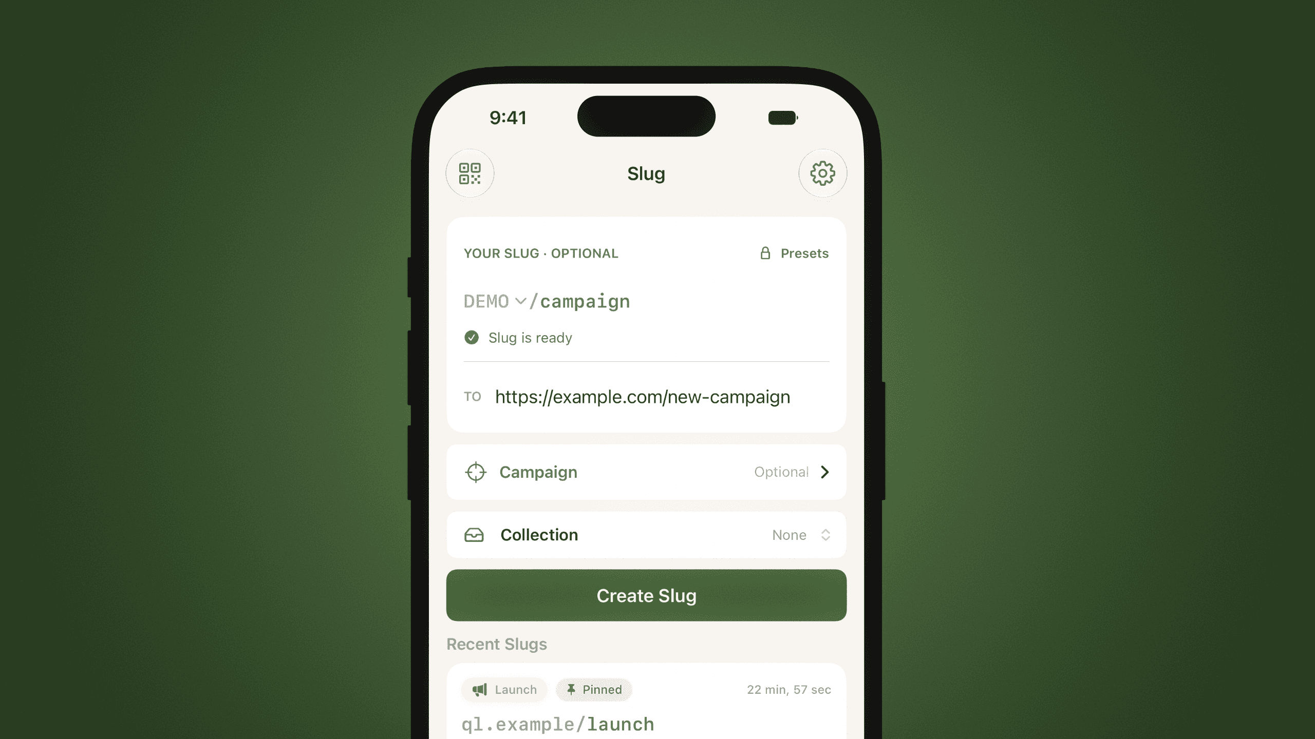 Slug link creation and link history on iPhone.