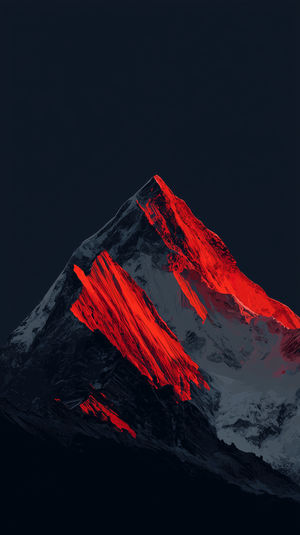 Stylized red-lit mountain peak under deep navy sky, abstract 4K wallpaper with vivid crimson ridges.