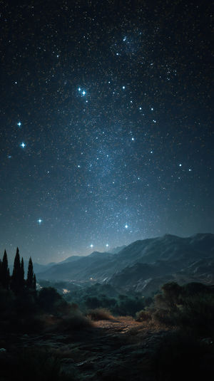 Silhouetted mountain ridges and pine trees under a vast starry night sky filled with shimmering galaxy stars