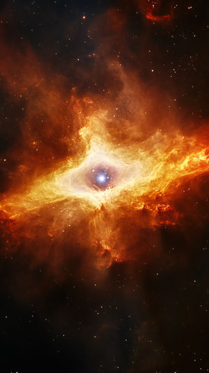 Vivid orange and gold nebula clouds swirling around a bright star in deep space, dotted with countless distant stars.