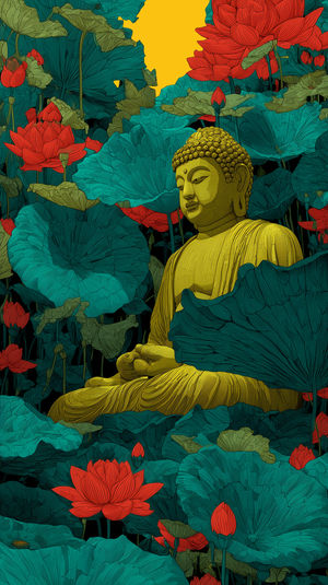 A golden Buddha statue in meditation surrounded by teal lotus leaves and red lotus flowers against a dark backdrop.
