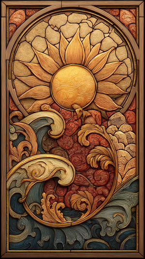 Intricate golden mosaic featuring a radiant sun above swirling ocean waves in medieval-style stained glass design.