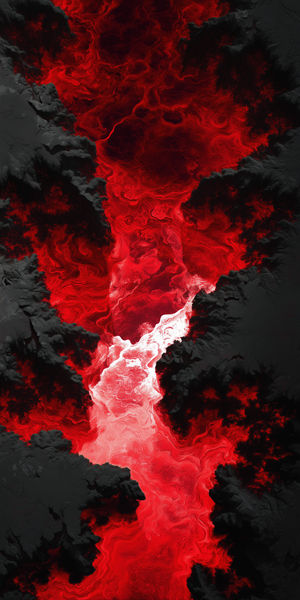 Abstract 4K wallpaper of glowing red molten lava flowing through jagged black rock formations.