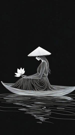 Minimalist white line art of a woman wearing a conical hat sitting in a boat holding a lotus flower on a black background.