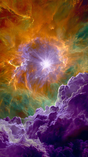 A vibrant cosmic scene featuring a radiant starburst nebula surrounded by swirling orange and green gases over purple clouds.